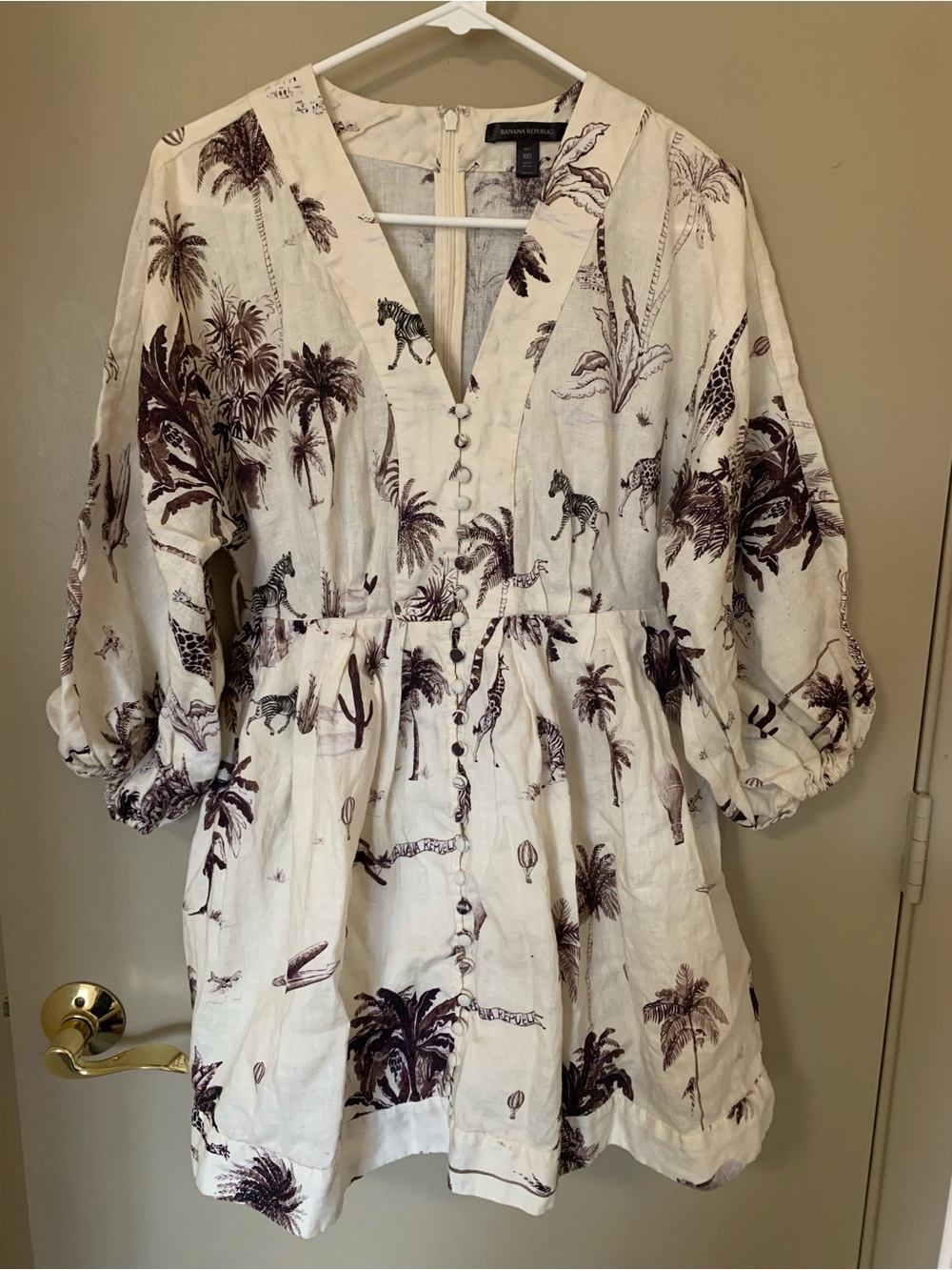 Banana Republic Cream Linen-Blend Dress with Brown Safari Print, Missing Belt